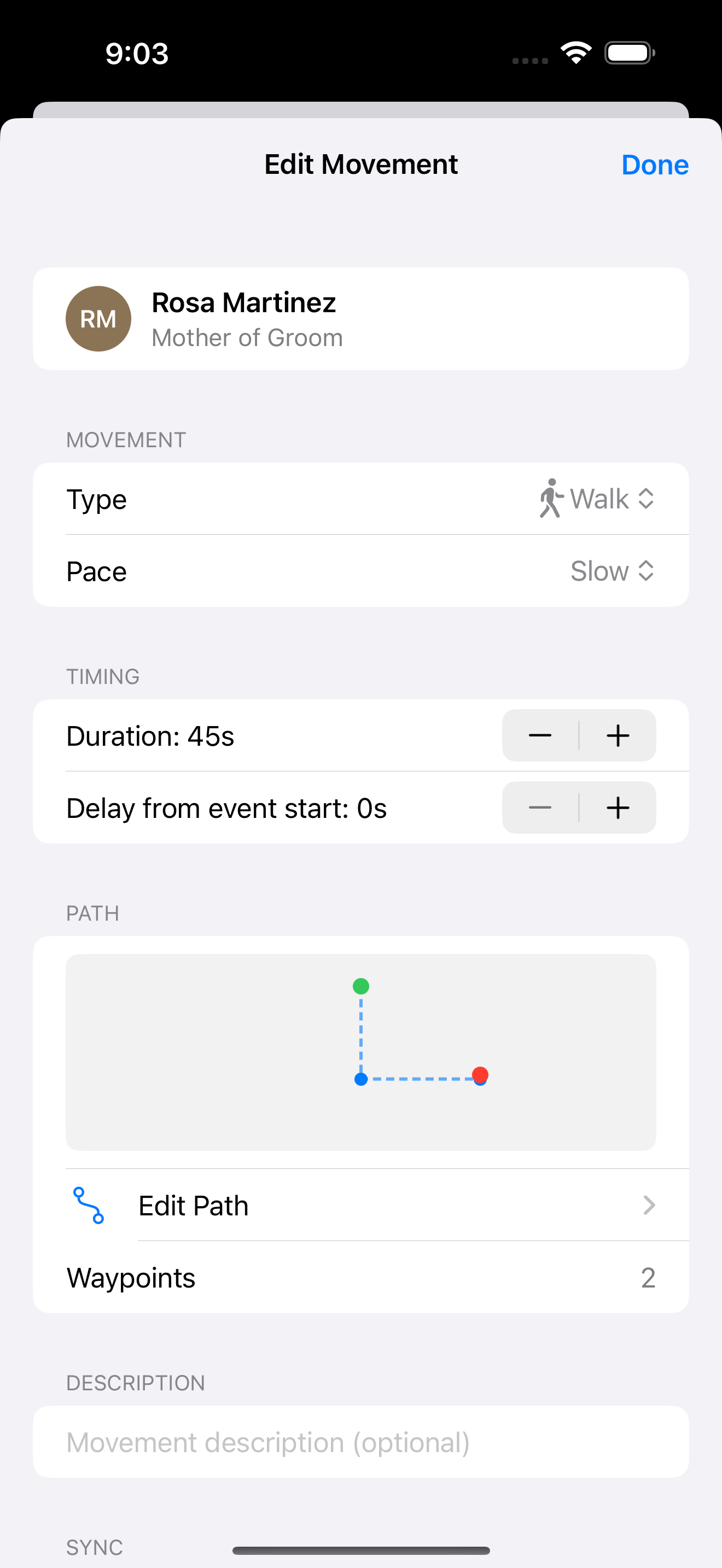 Movement editor showing walking path with waypoints, pace controls, and timing settings