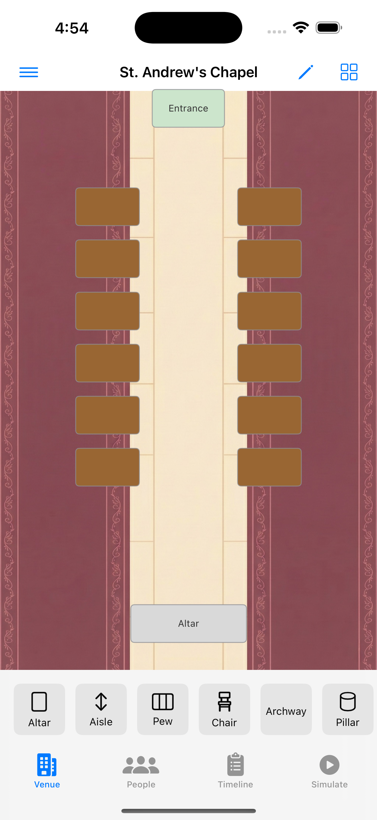 Venue designer with church layout